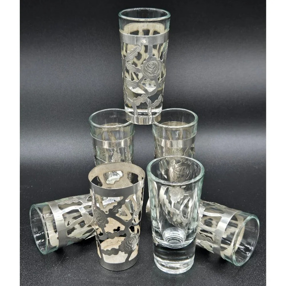 Set of 6 MZ 01 925 silver  overlay roses wrapped long shot glasses - Picture 3 of 7